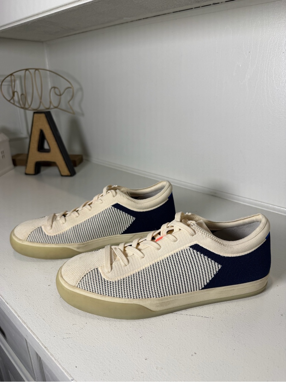 Rothy's Womens 10 Cream Navy Knit Lace Up Sneakers Retro Stripe Casual Shoes